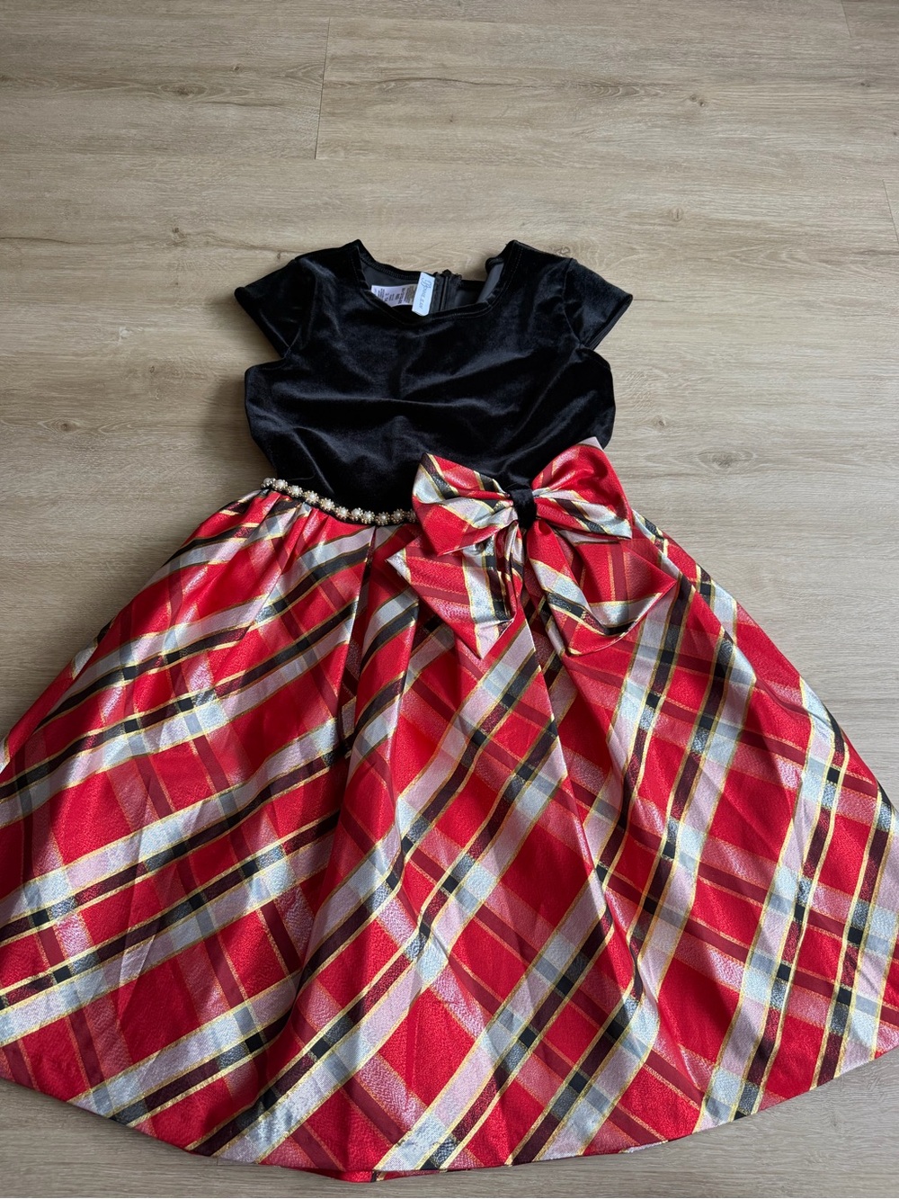 Bonnie Jean Black Velvet And Red Plaid Dress Size 14 Holiday Party